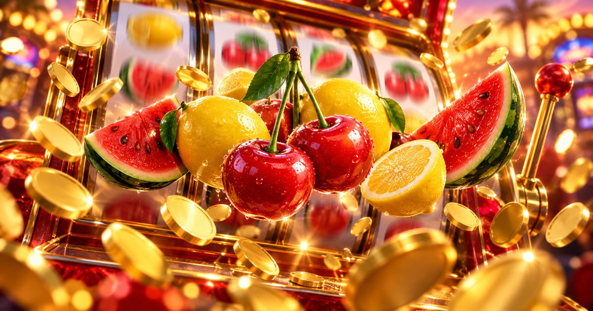 Carretes de tragamonedas con frutas brillantes y sietes dorados